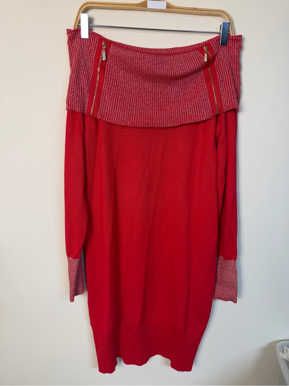 No Boundaries Red Off-the-Shoulder Sweater Dress with Zip Details